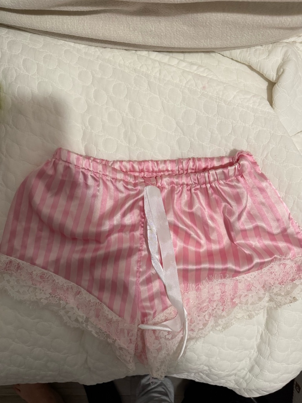 Pink Striped Satin Lace Trim Shorts
